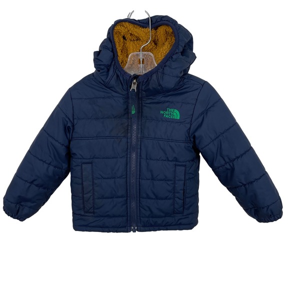 The North Face Toddler Reversible Hooded Puffer Jacket Navy Blue Sherpa 2T - Picture 1 of 9